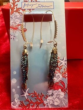Betsey Johnson Gold Tone with Teal Crystal Earrings
